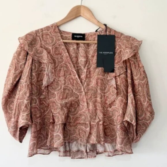 The Kooples Boho Silk Blend Crop Top Womens Pink Short Puff Sleeve V Neck Ruffle - Picture 2 of 8